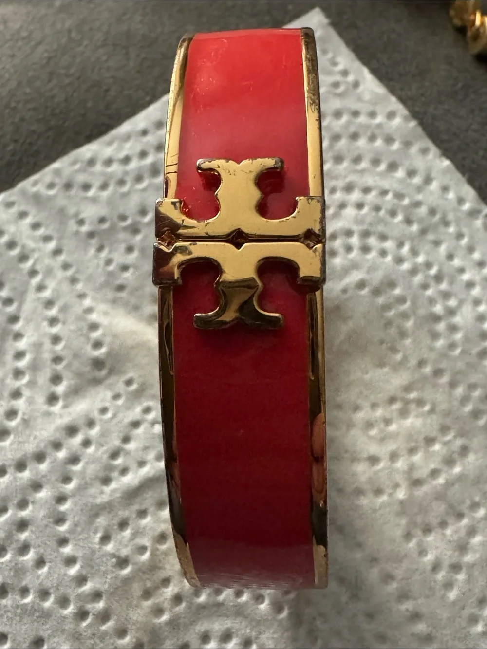 Tory Burch Coral Enamel Gold-Tone Logo Hinge Bracelet